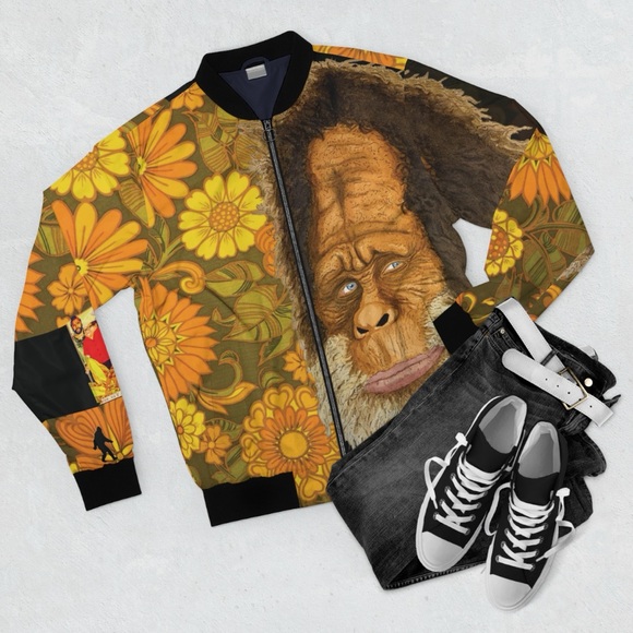 Retro 80s Bigfoot Floral Bomber - Harry & The Henderson's Full-Zip Flight Jacket - Picture 1 of 5